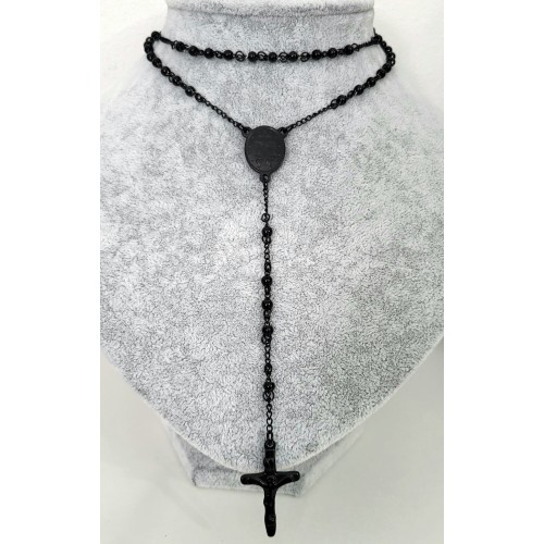 ROZARIU CU BILE NEGRE DIN INOX SI PANDANTIV CRUCE